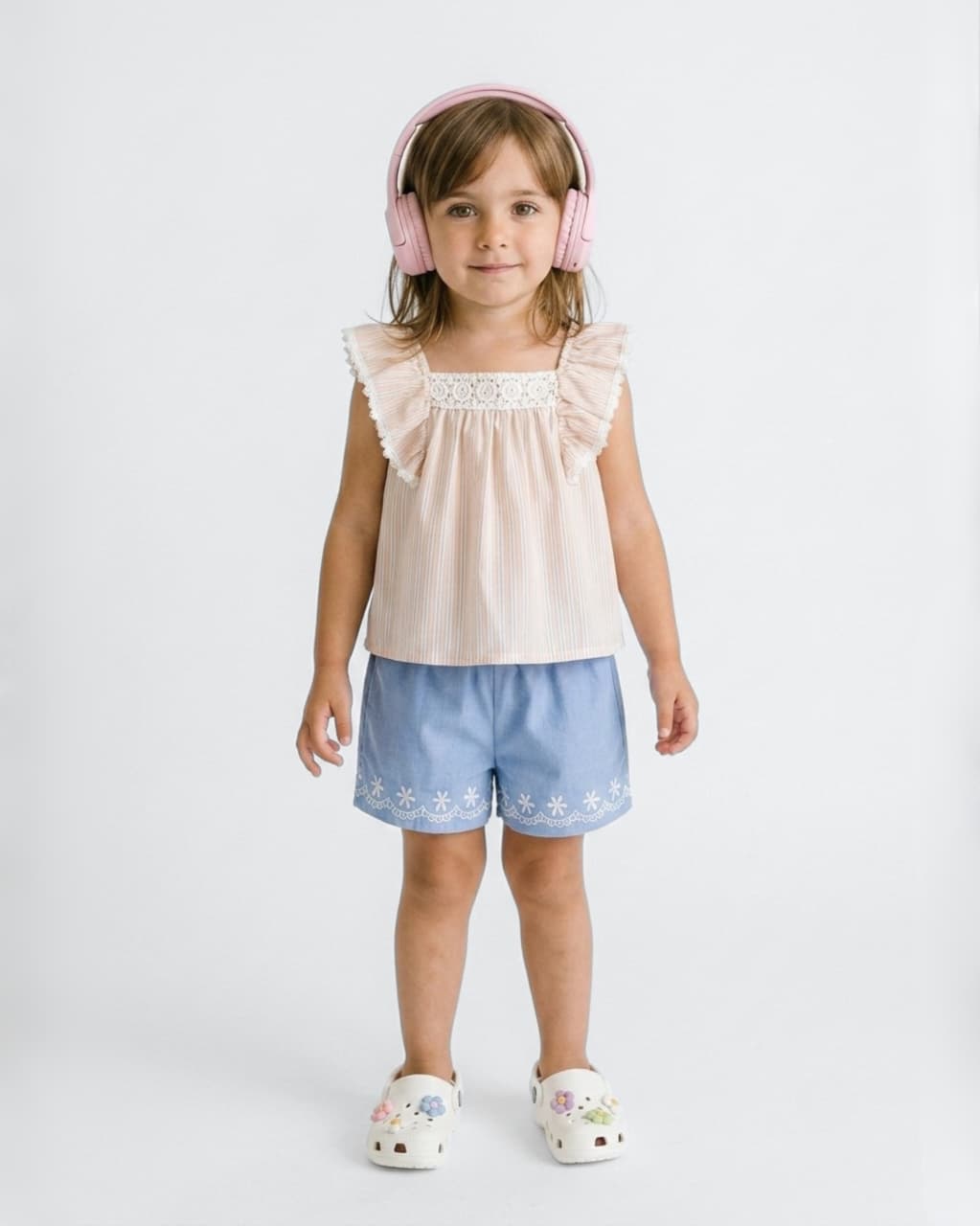 Ruffled Striped Top & Embroidered Shorts Girl's Set