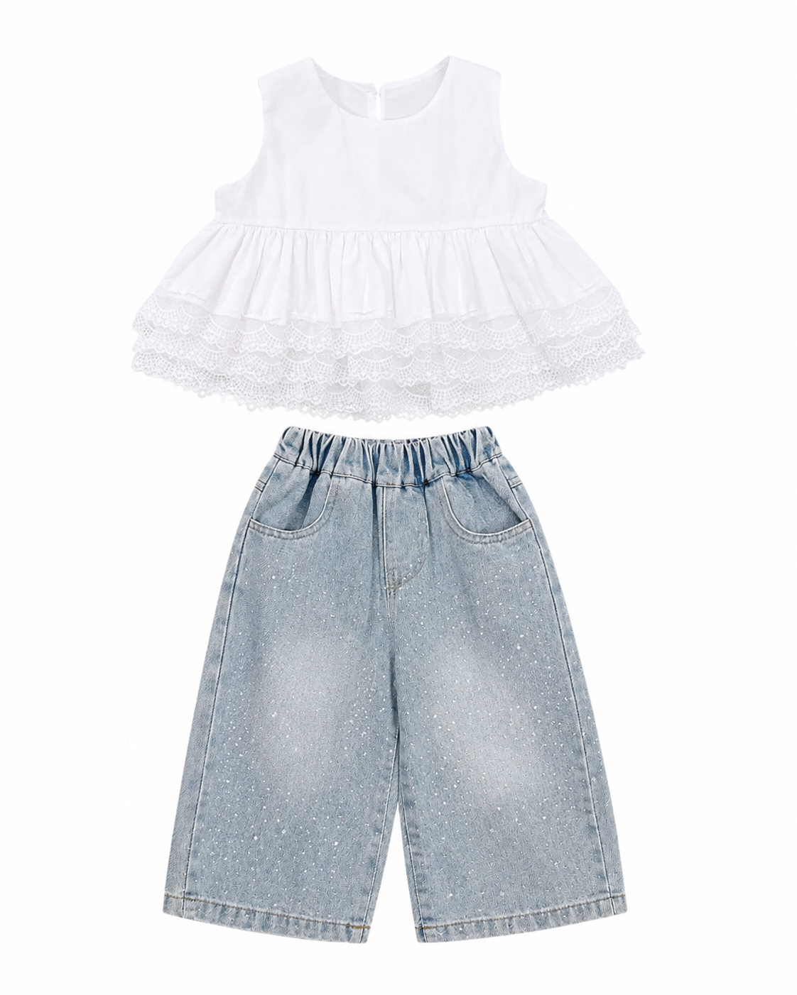 Lace Peplum Top & Glitter Denim Girl's Set