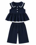 Navy Petal-Collar Peplum & Pant Girl's Set
