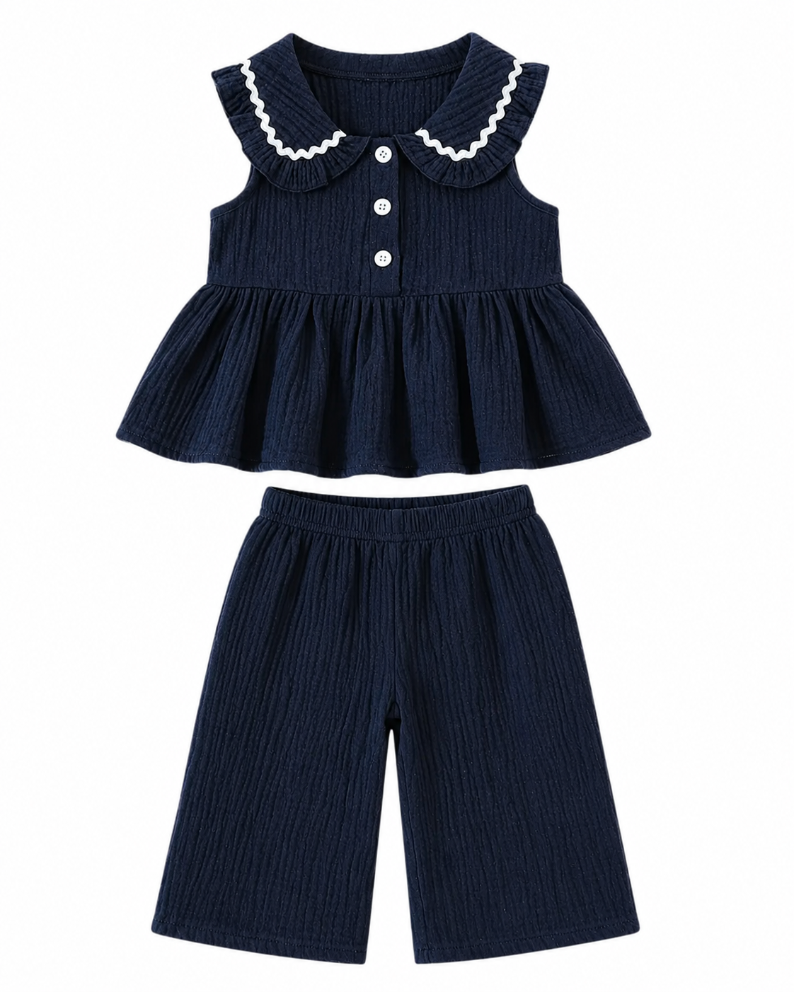 Navy Petal-Collar Peplum & Pant Girl's Set