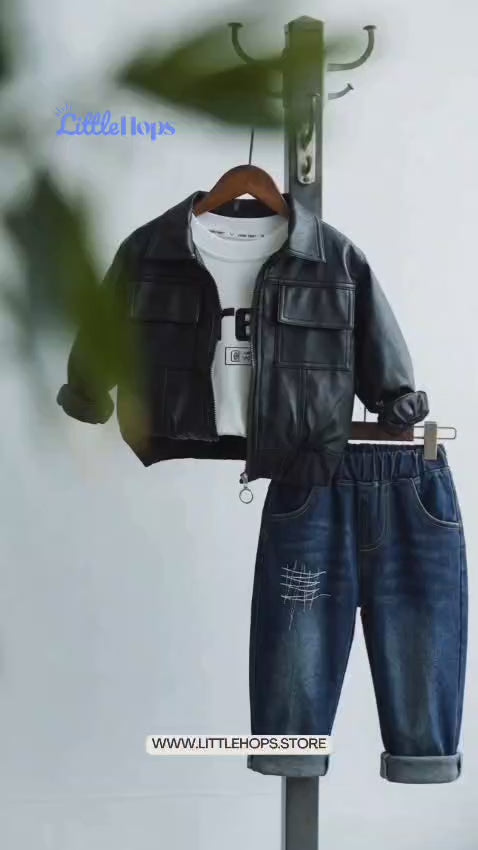 Faux-Leather Jacket & Denim Three-Piece Boy's Set