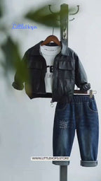 Faux-Leather Jacket & Denim Three-Piece Boy's Set