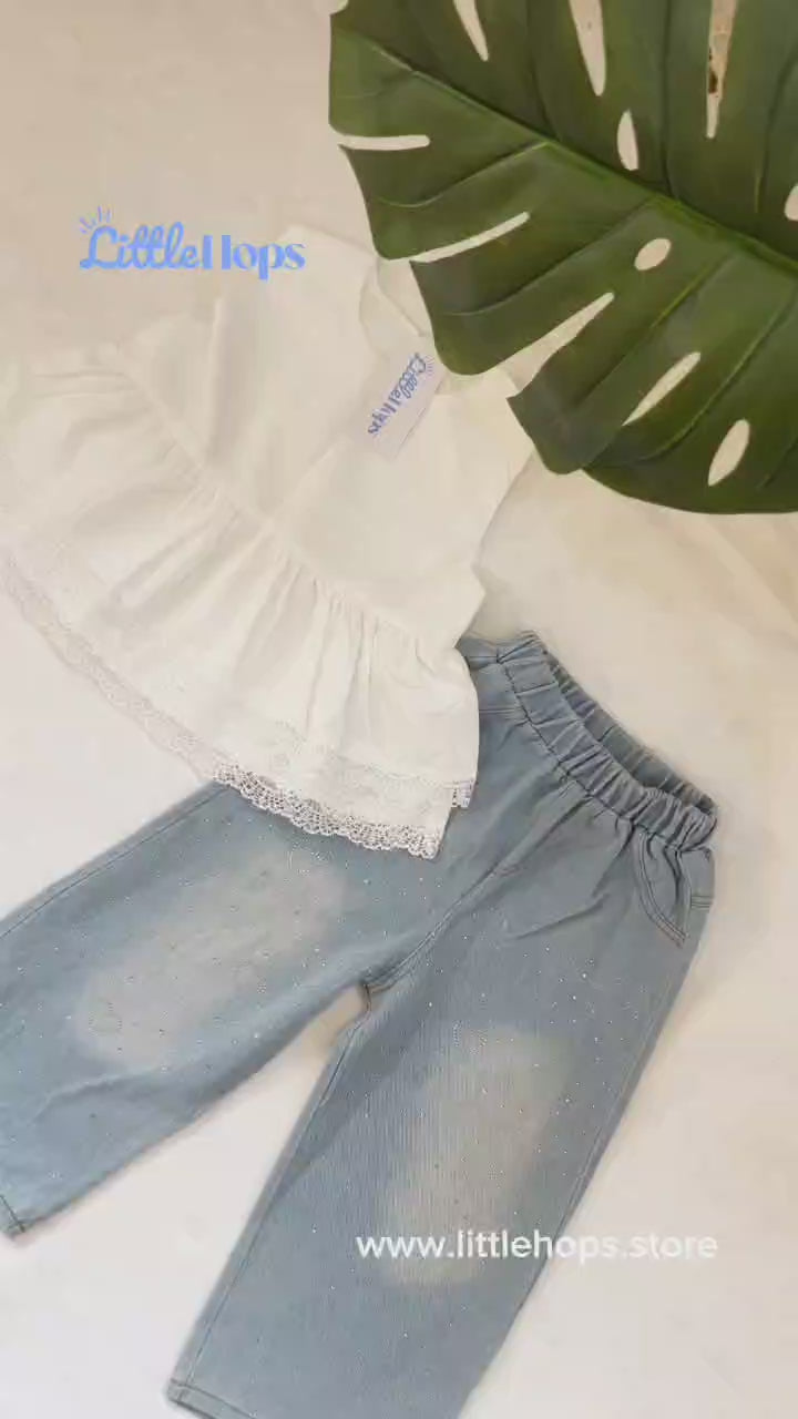 Lace Peplum Top & Glitter Denim Girl's Set